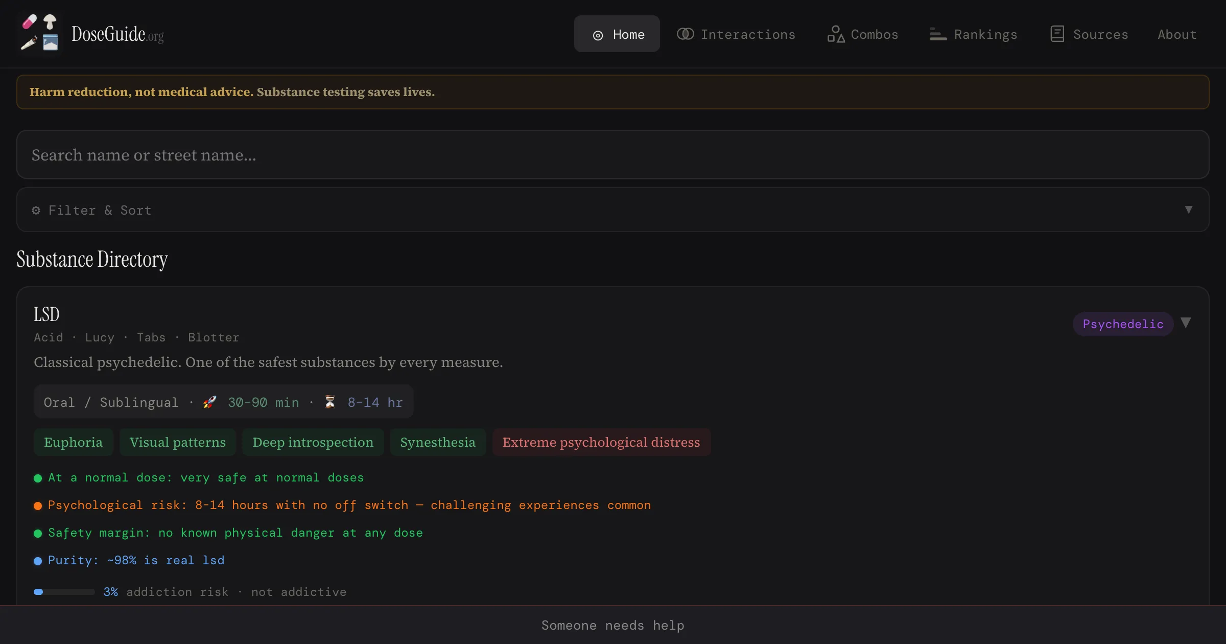 OpenSubstance homepage showing evidence-based drug safety information